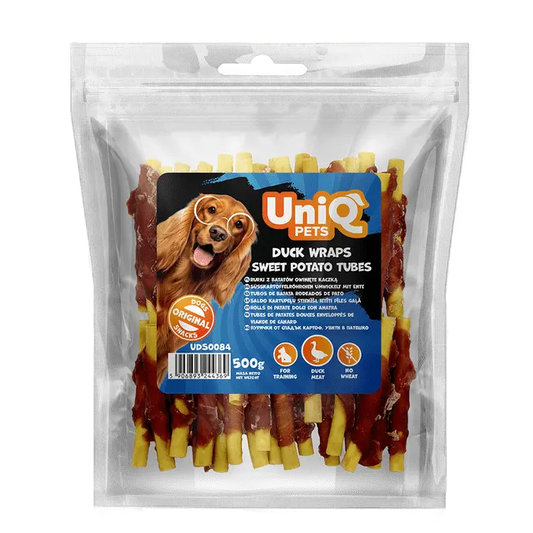 UniQ poslastice za psa, 500 g, rolnice od pačetine sa batatom u obliku cevi