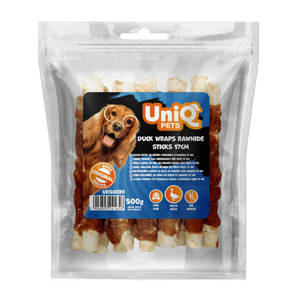 UniQ poslastice za psa, 500 g, rolnice od pačetine sa sirovom kožom, u obliku štapića (17cm)