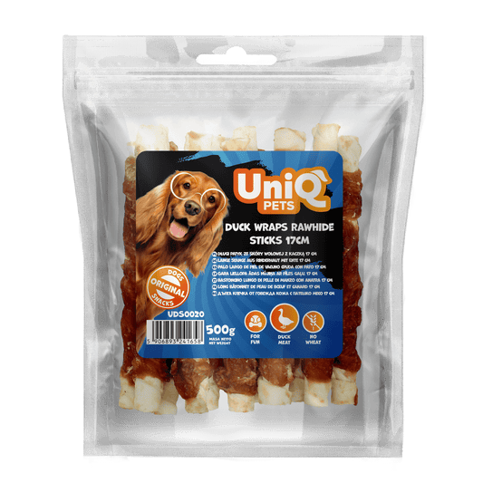 UniQ poslastice za psa, 500 g, rolnice od pačetine sa sirovom kožom, u obliku štapića (17cm)