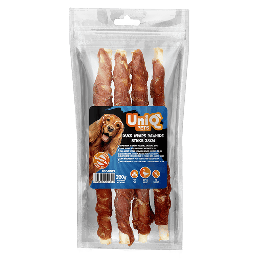 UniQ poslastice za psa, 320 g, štapići od sirove pačije kože, 28 cm