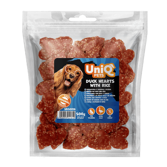 UniQ poslastice za psa, 500 g, srca od pačetine sa pirinčem