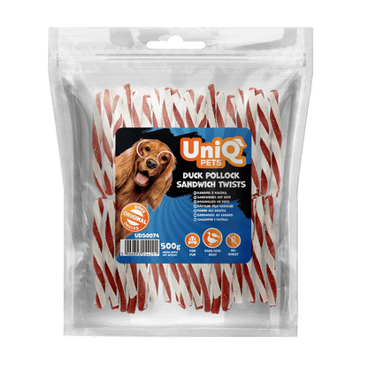 UniQ poslastice za psa, 500 g, uvijeni štapići od pačetine i bakalara