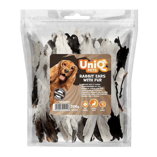 UniQ poslastice za psa, 300g, zečje uši sa krznom