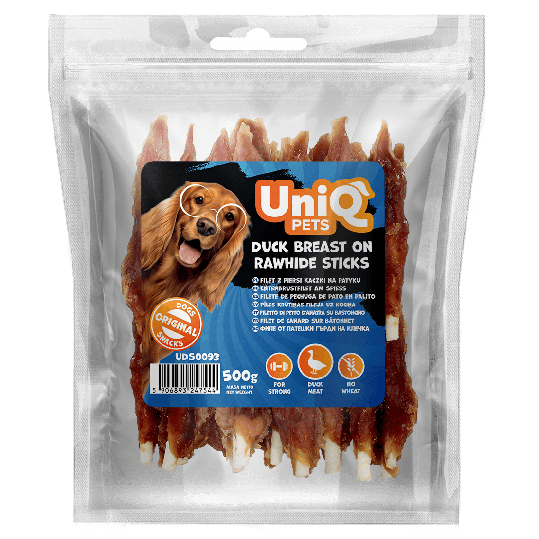 UniQ poslastice za pse, 500g, pačja prsa na štapićima od sirove kože