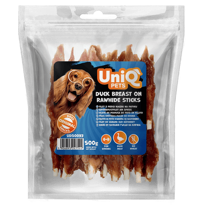 UniQ poslastice za pse, 500g, pačja prsa na štapićima od sirove kože