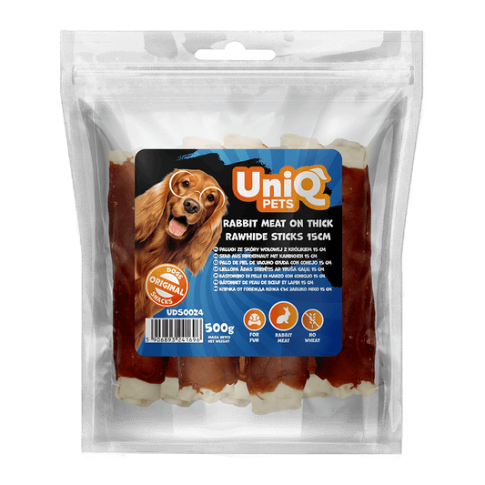 UniQ poslastice za pse, 500g, debeli štapići od sirove kože sa zečetinom, (15cm)