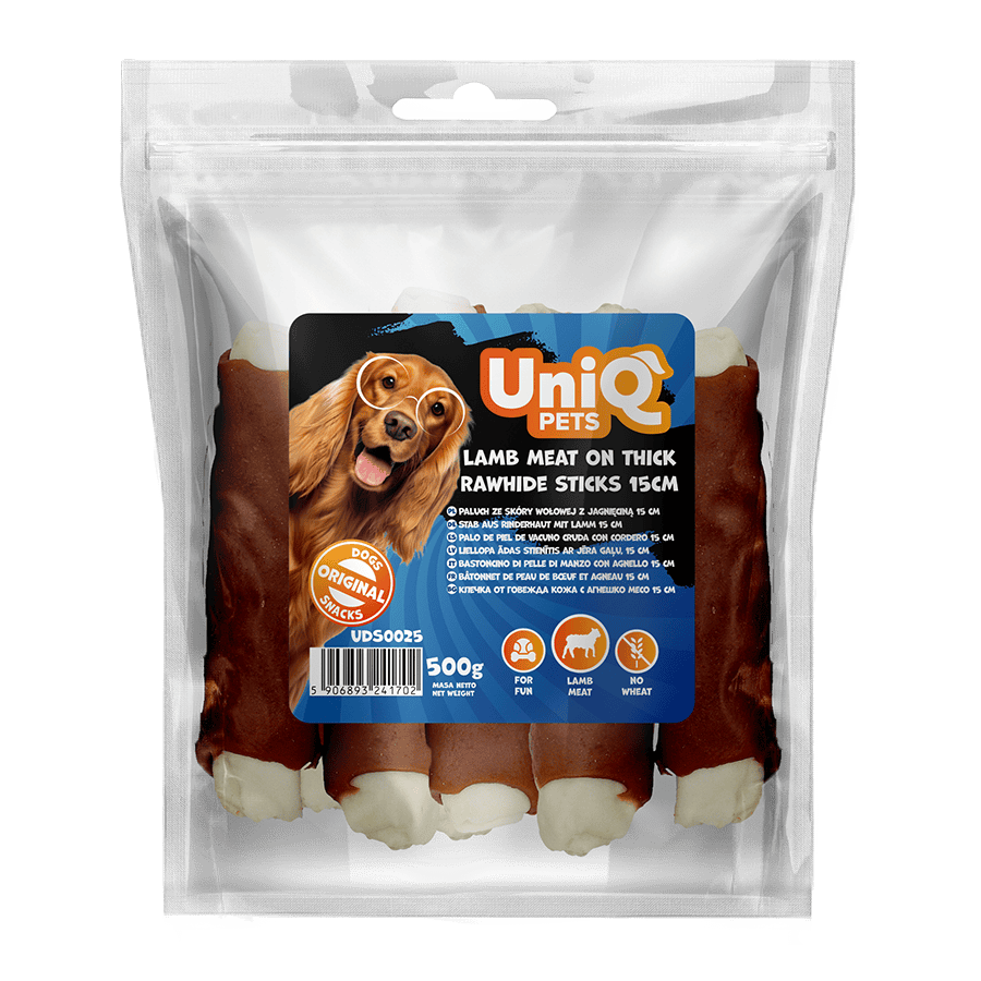 UniQ poslastice za pse, 500 g, jagnjetina na debelim štapićima od sirove kože (15cm)