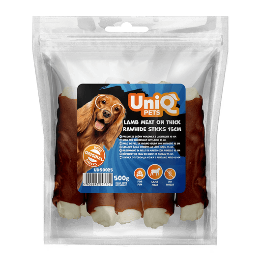 UniQ poslastice za pse, 500 g, jagnjetina na debelim štapićima od sirove kože (15cm)