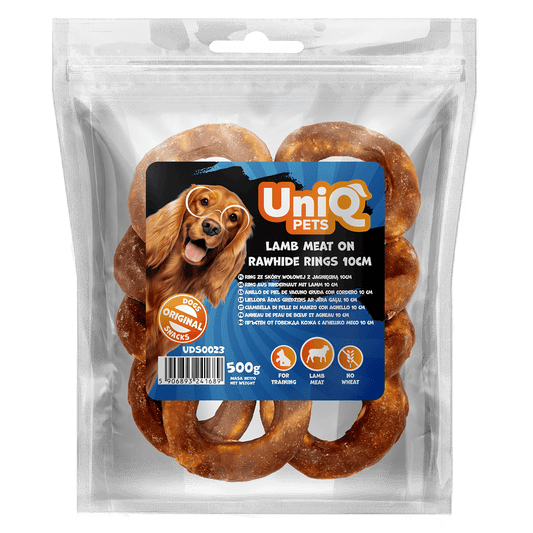 UniQ poslastice za pse, 500 g, jagnjetina na kolutovima od sirove kože (10 cm)