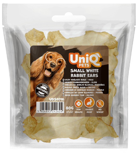 UniQ poslastice za pse, 80g, male bele zečje uši