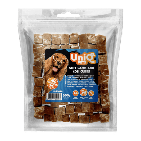 UniQ poslastice za pse, 500g, mekane kockice od jagnjetine i bakalara