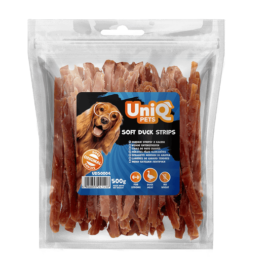 UniQ poslastice za pse, 500g, mekane trake od pačetine