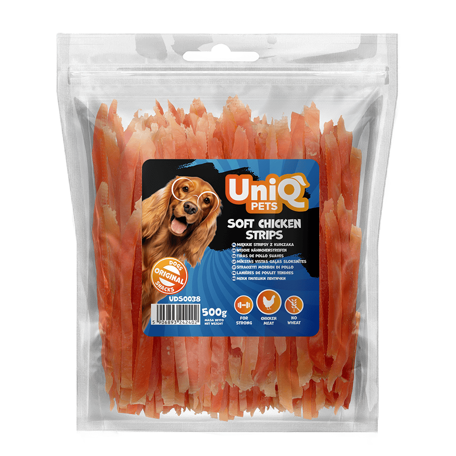 UniQ poslastice za pse, 500g, mekane trake od piletine