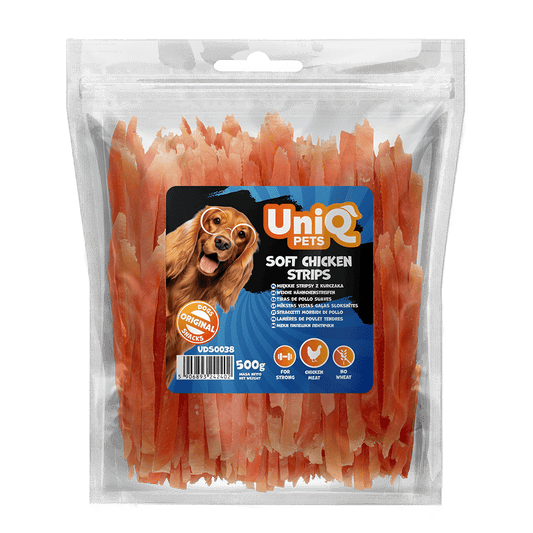 UniQ poslastice za pse, 500g, mekane trake od piletine
