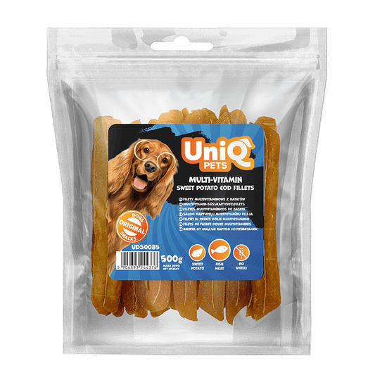 UniQ poslastice za pse, 500g, multivitaminski batat sa filetima oslića