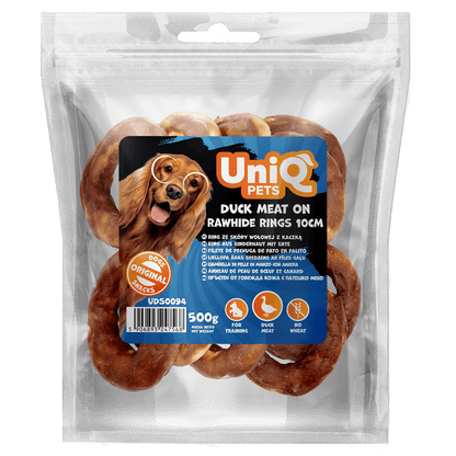 UniQ poslastice za pse, 500g, pačetina na prstenovima od sirove kože, 10 cm