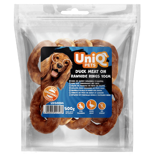 UniQ poslastice za pse, 500g, pačetina na prstenovima od sirove kože, 10 cm