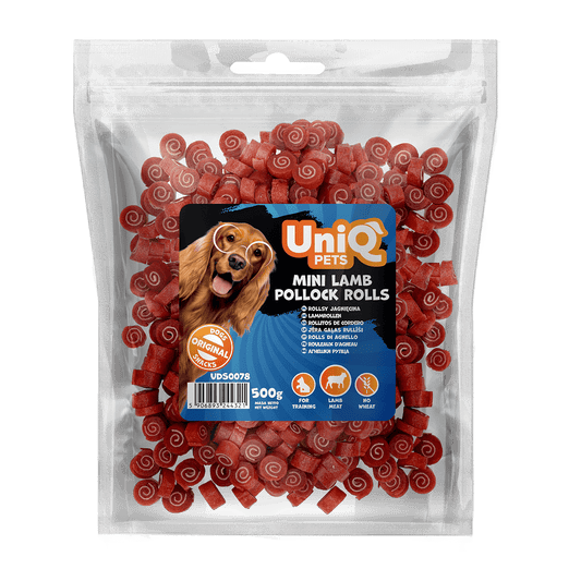 UniQ poslastice za pse, 500g, rolnice od jagnjetine i bakalara