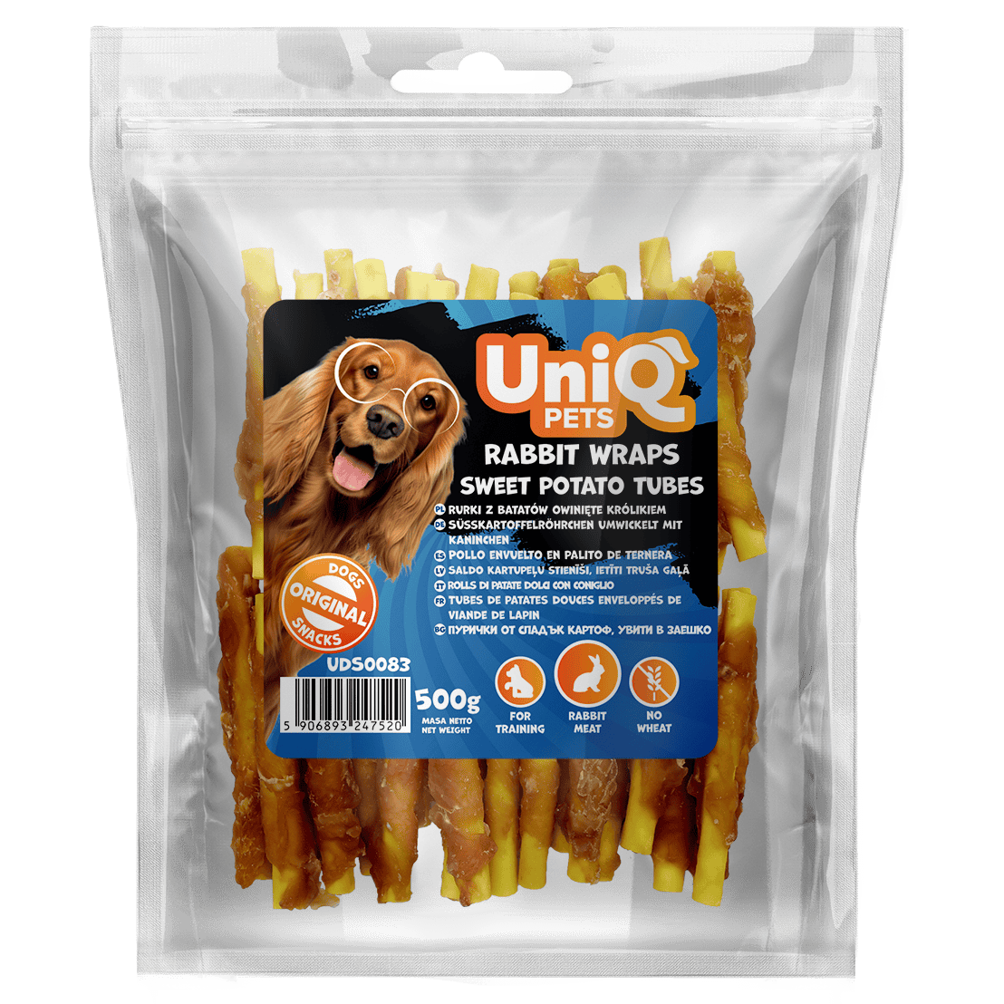 UniQ poslastice za pse, 500g, rolnice od kunića sa batatom u obliku cevi