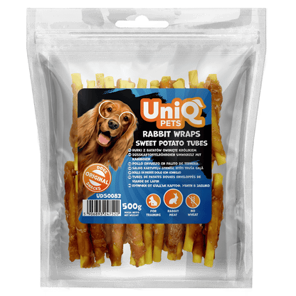 UniQ poslastice za pse, 500g, rolnice od kunića sa batatom u obliku cevi