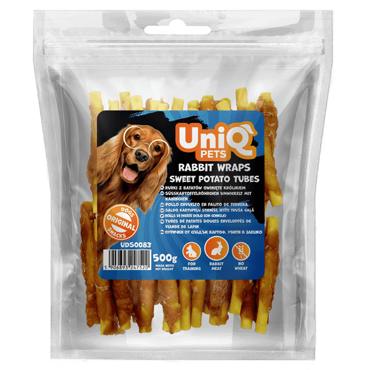 UniQ poslastice za pse, 500g, rolnice od kunića sa batatom u obliku cevi
