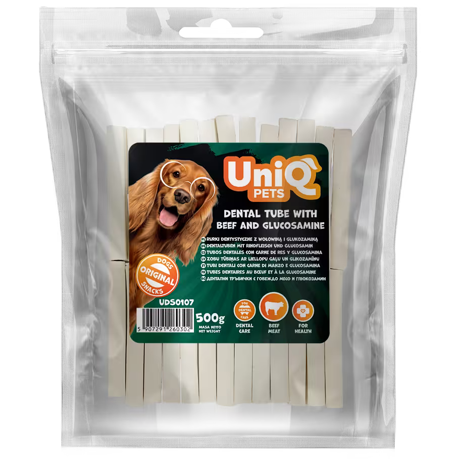 UniQ poslastice za pse, 500g, dentalne cevi od govedine i glukozamina