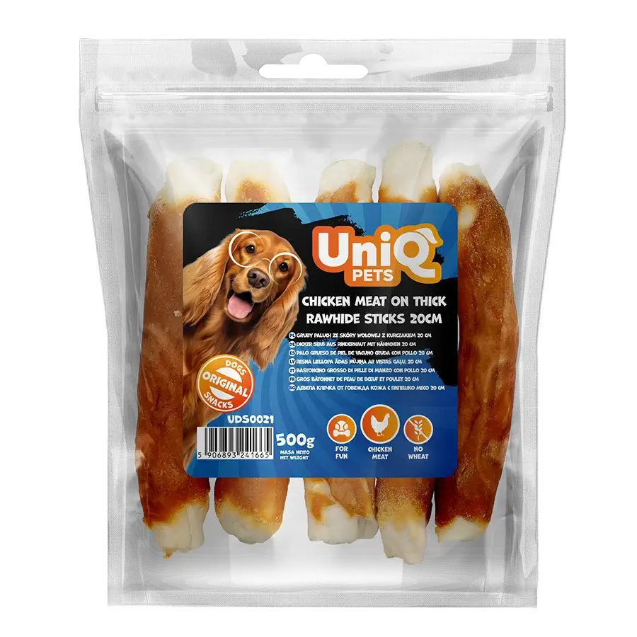 UniQ poslastice za psa, 500g, piletina obmotana oko debelih štapića sirove kože (20cm)