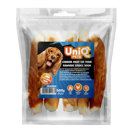 UniQ poslastice za psa, 500g, piletina obmotana oko debelih štapića sirove kože (20cm)
