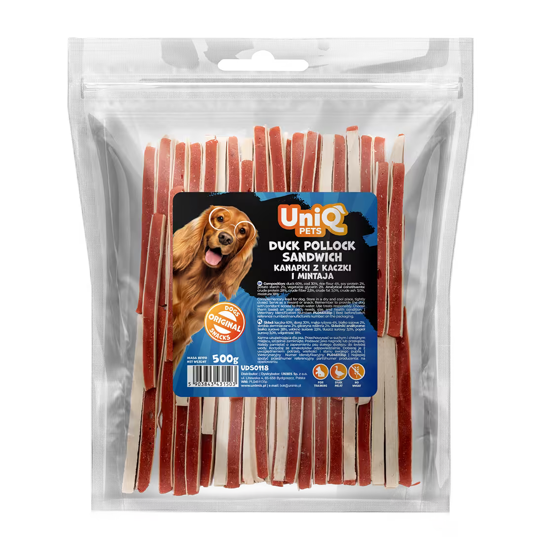 UniQ poslastice za pse, 500g, sendvič od pačetine i bakalara