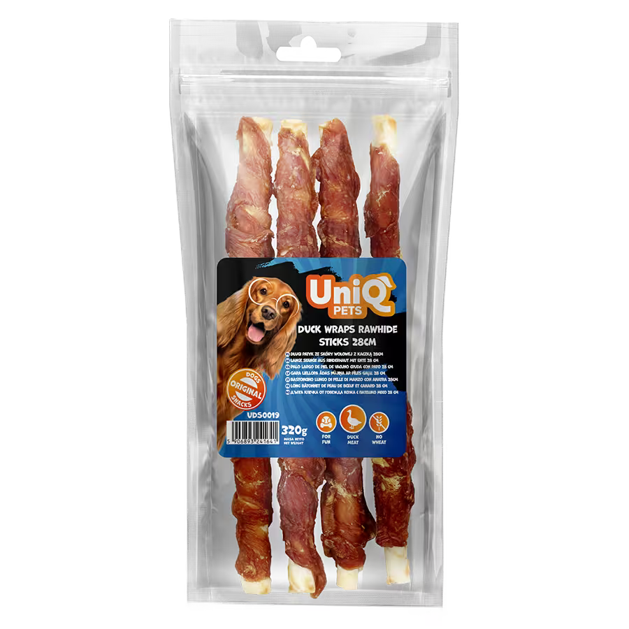 UniQ poslastice za psa, 320g, pačetina obmotana oko štapića sirove kože (28cm)