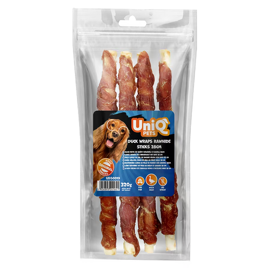 UniQ poslastice za psa, 320g, pačetina obmotana oko štapića sirove kože (28cm)