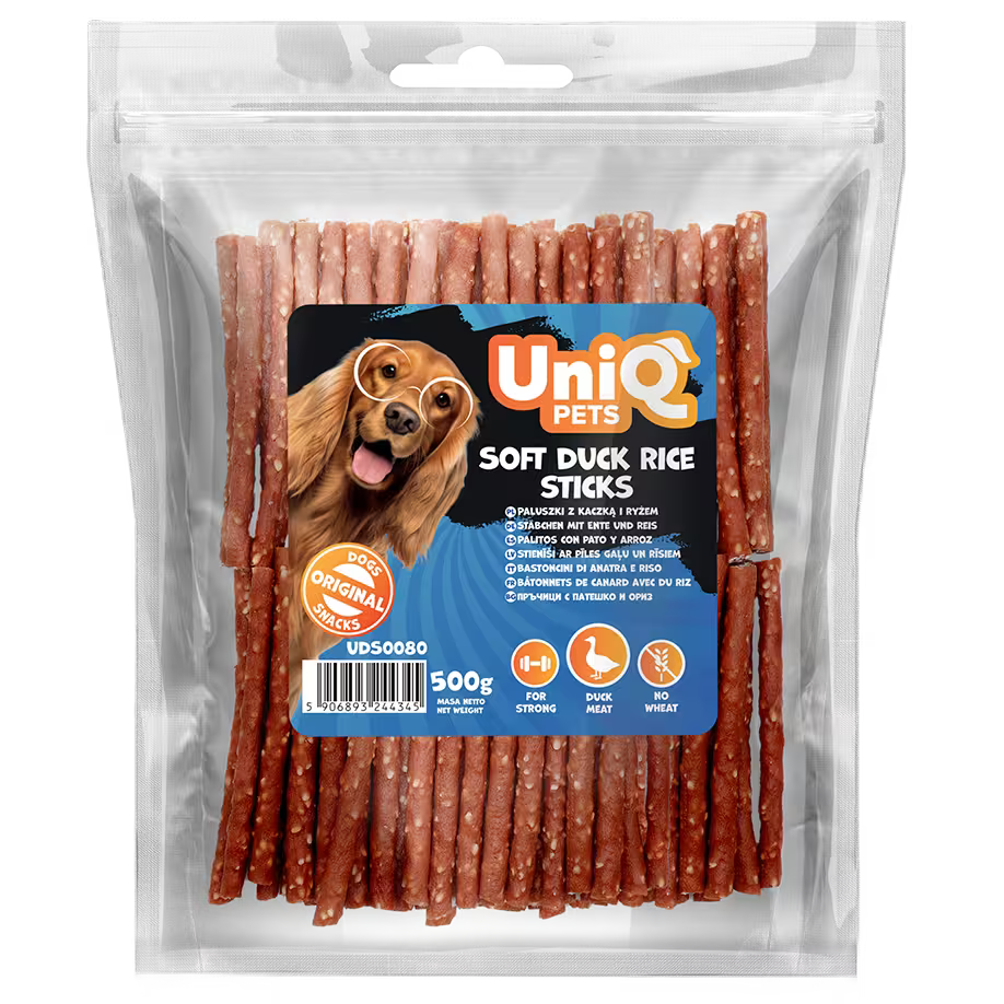 UniQ poslastice za pse, 500g, štapići od pačetine i pirinča