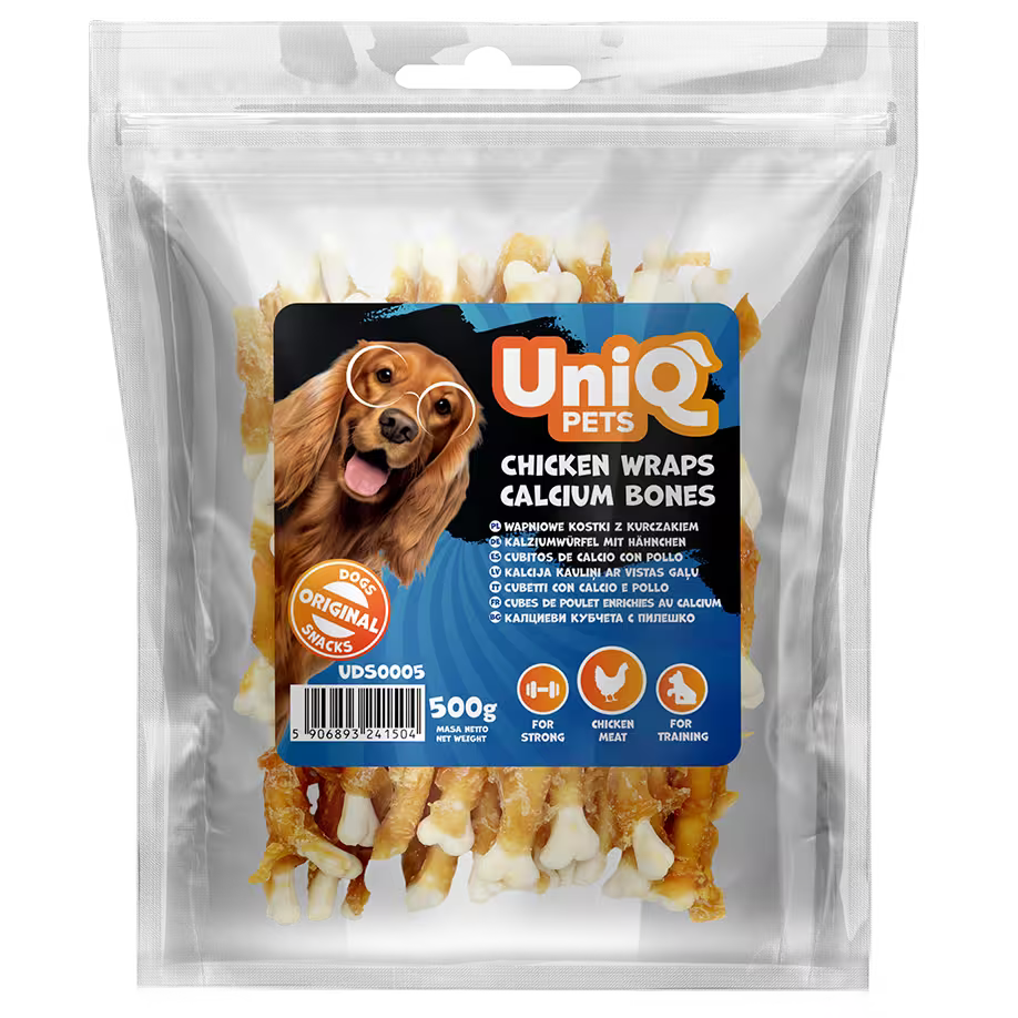UniQ poslastice za psa, 500g, piletina obmotana sa kalcijum kostima