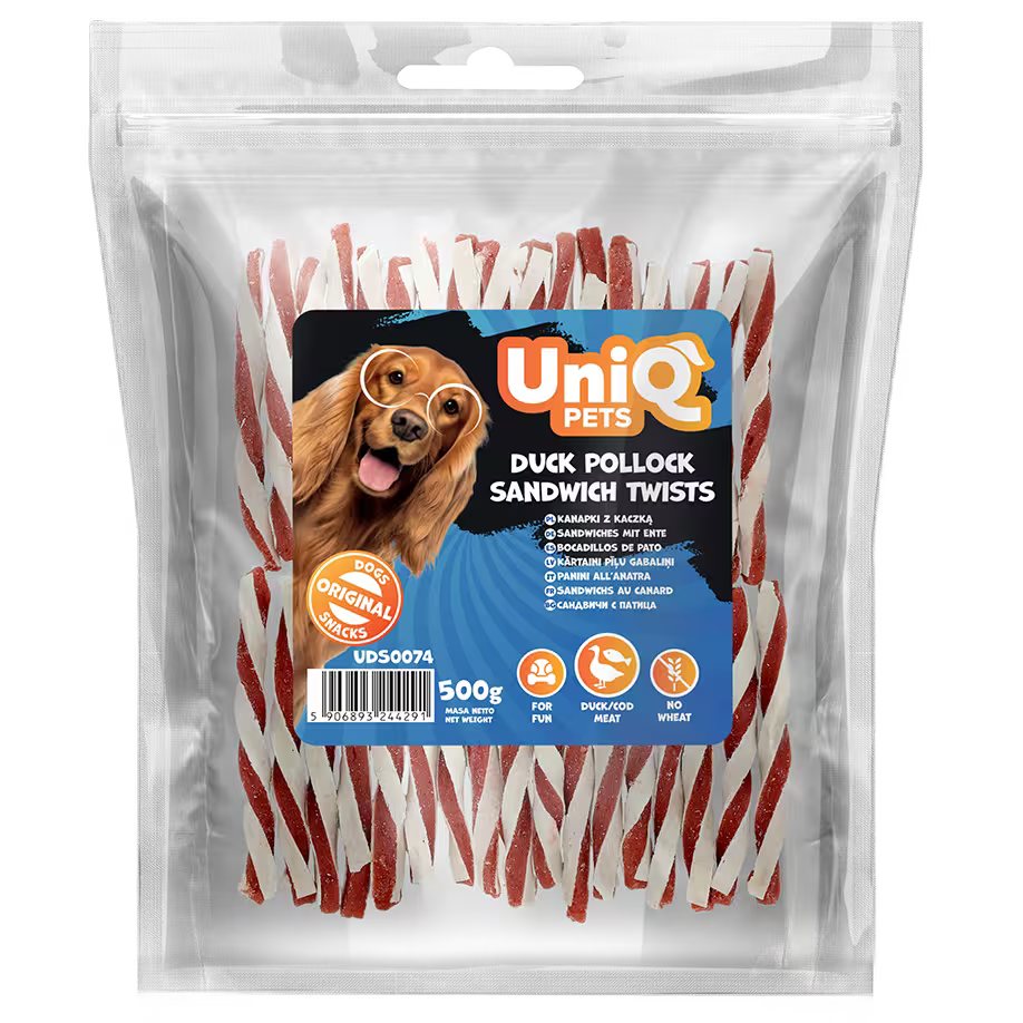 UniQ poslastice za psa, 500 g, uvijeni štapići od pačetine i bakalara