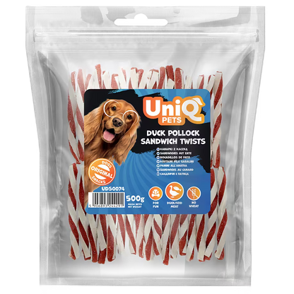 UniQ poslastice za psa, 500 g, uvijeni štapići od pačetine i bakalara