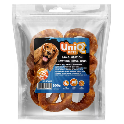 UniQ poslastice za pse, 500 g, jagnjetina na kolutovima od sirove kože (10 cm)