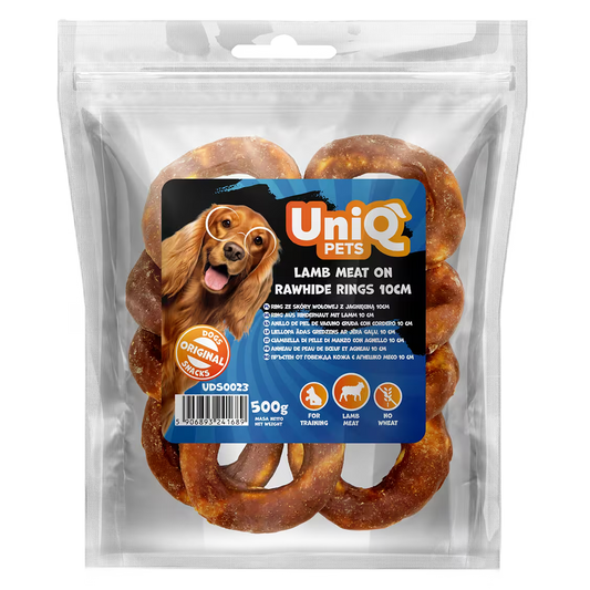 UniQ poslastice za pse, 500 g, jagnjetina na kolutovima od sirove kože (10 cm)