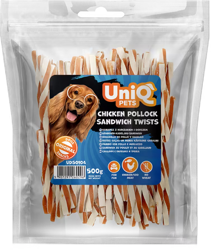 UniQ poslastice za pse, 500g, sendvič-uvijeni štapići od piletine i bakalara