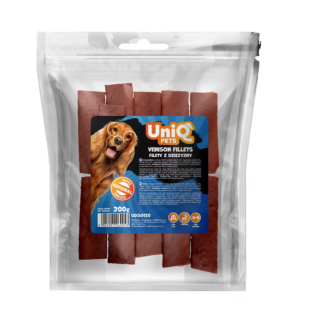 UniQ poslastice za pse, 300g, fileti od mesa divljači (jelena)