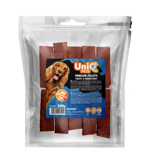 UniQ poslastice za pse, 300g, fileti od mesa divljači (jelena)