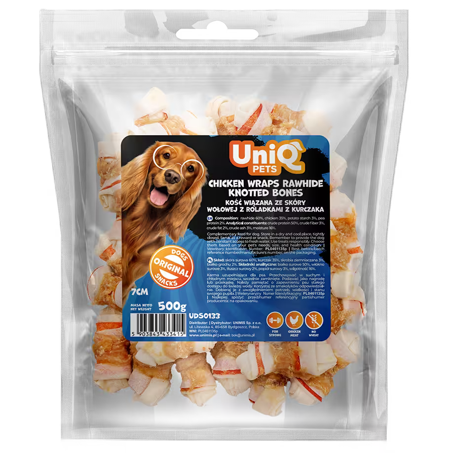 UniQ poslastice za pse, 500g, vezana kost od sirove kože sa rolnicama od piletine (7cm)