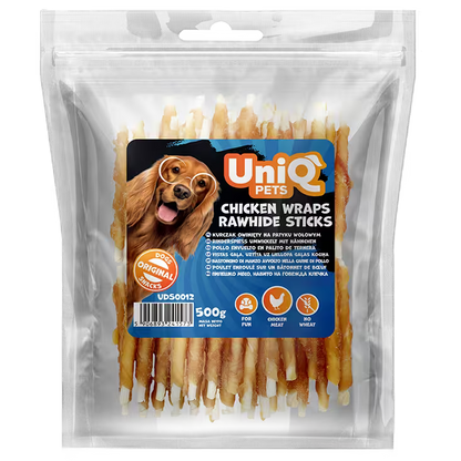 UniQ poslastice za pse, piletina obmotana oko štapića od sirove kože