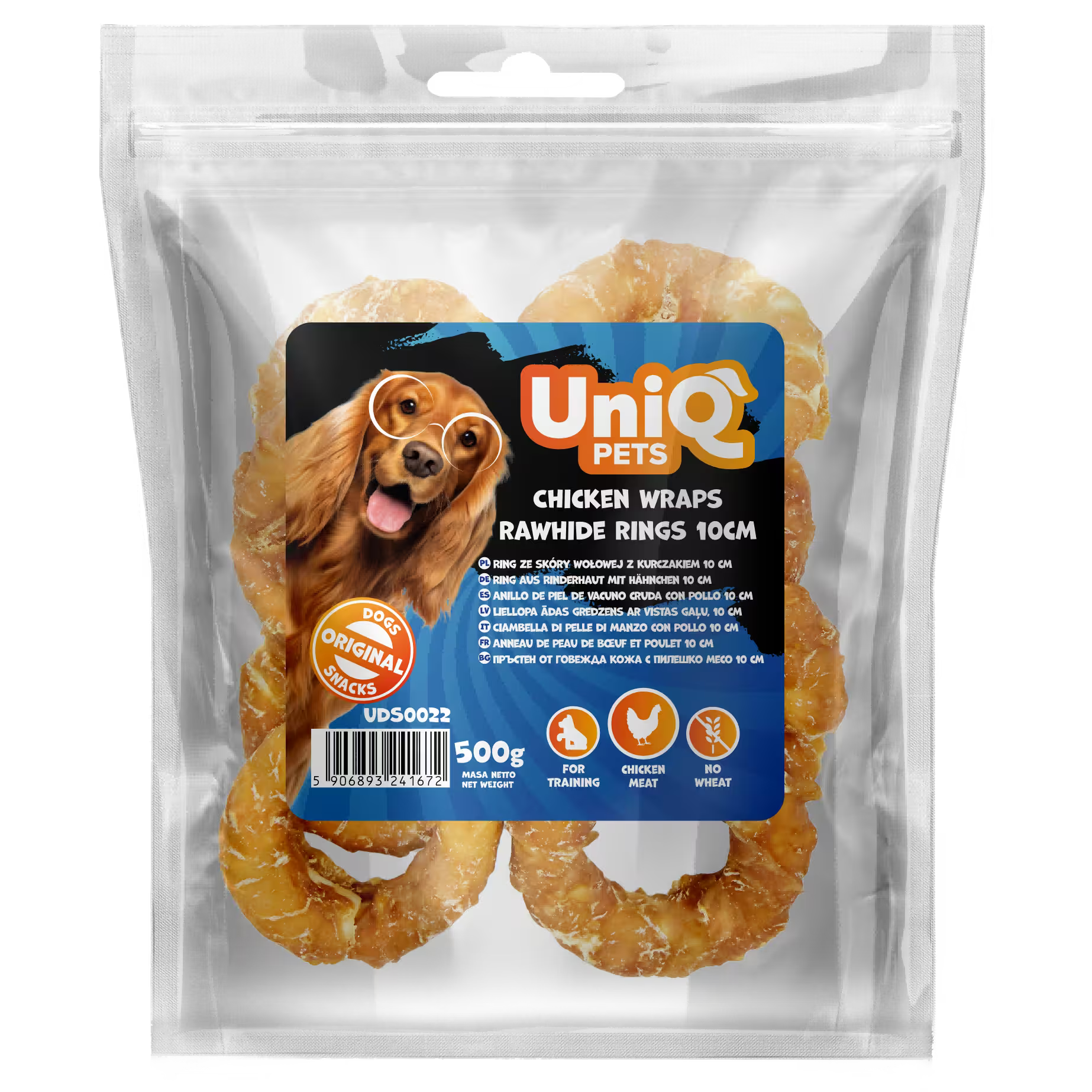 UniQ poslastice za psa, 500g, piletina obmotana oko prstenova sirove kože