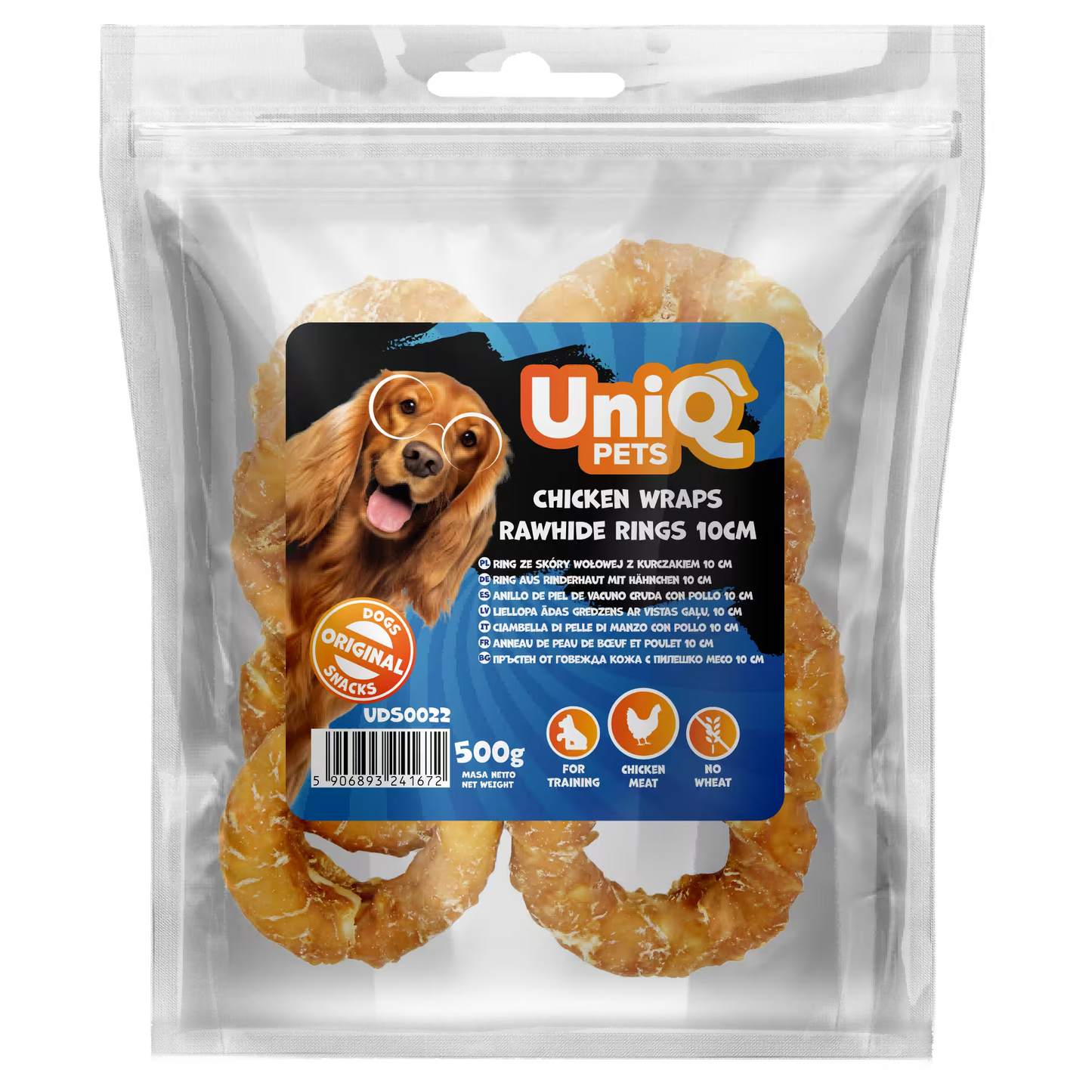 UniQ poslastice za psa, 500g, piletina obmotana oko prstenova sirove kože