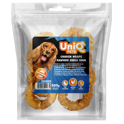 UniQ poslastice za psa, 500g, piletina obmotana oko prstenova sirove kože
