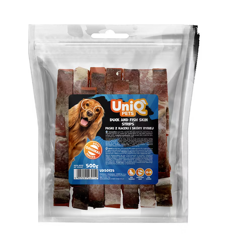 UniQ poslastice za pse, 500g, trakice od pačetine i riblje kože