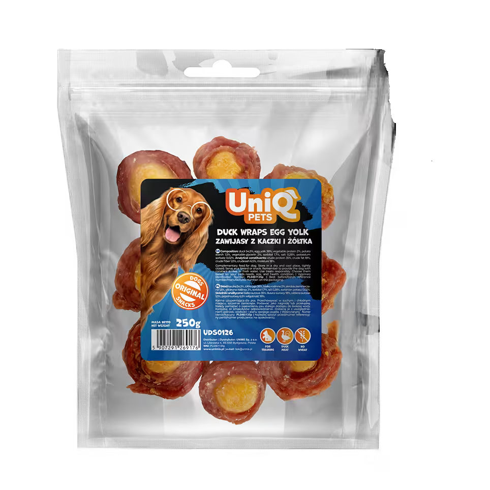 UniQ poslastice za pse, 250g, pačetina obmotana oko žumanceta