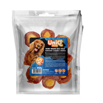 UniQ poslastice za pse, 250g, pačetina obmotana oko žumanceta