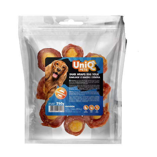 UniQ poslastice za pse, 250g, pačetina obmotana oko žumanceta